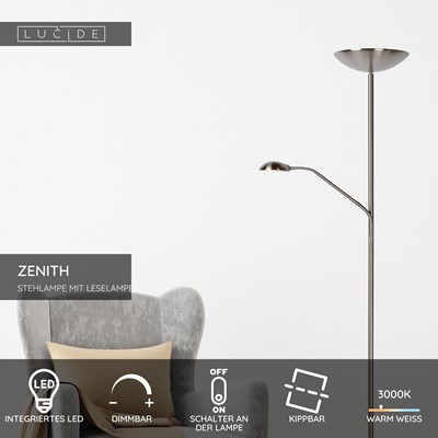 Lucide ZENITH - Stehlampe Mit Leselampe - LED Dim. - 3000K - Chrom Matt